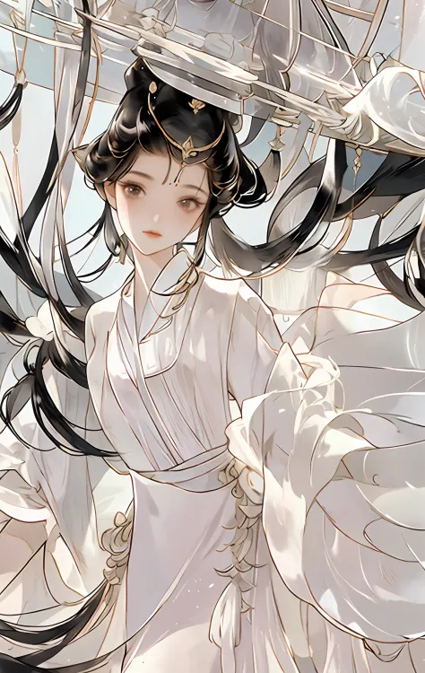 （Game fairy beautiful girl dressed in white），Flowing sleeves，watery big eyes，Beautiful face and smooth fair skin，s delicate face，Flowing black hair，An ancient Chinese beauty，wearing ancient Chinese costume，Flowing tulle，Light shades，Light color，（clean back...