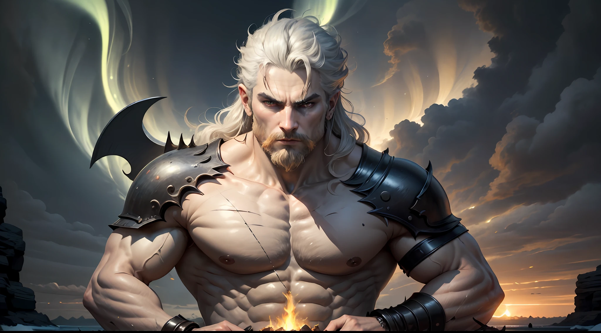 ((Best Quality)), ((Masterpiece)), (Detailed), image of Hades the Greek, (mythology: 1.2), (Majestic appearance: 1.1), loose beard and hair, muscular physique, Wearing a trident (The Realm of the Underworld: 1.1), (A powerful creature: 1.2), (Divine aura: 1.1), (domineering look: 1.1), 8K разрешение Viking, rocker, Rockstar, Cool, glare, radiance, spectrum, titanium, titanium, warrior, samurai, Strong WILL, Mighty strength, Energy, zipper, Salute, northern lights