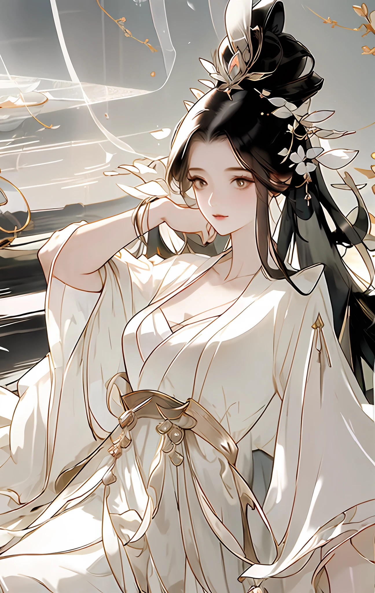 （Game fairy beautiful girl dressed in white），Flowing sleeves，watery big eyes，Beautiful face and smooth fair skin，s delicate face，Flowing black hair，An ancient Chinese beauty，wearing ancient Chinese costume，Flowing tulle，Light shades，Light color，（clean backdrop），Ink painting style，Clean colors，Decisive cut，A white space，unarmed，tmasterpiece， Ultra-delicate，Epic composition，high high quality，HighestQuali，4K