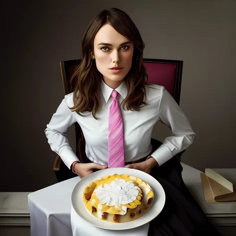 Keira Knightly in white shirt and pink tie holding a white plate with a cake on it, strict uniform, smart shirt and tie, perfect...