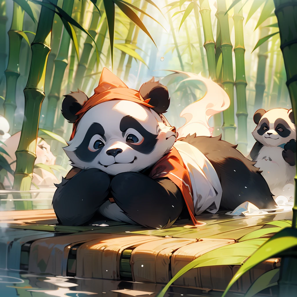 Un bébé panda mignon，Allongez-vous sur le ventre dans les sources chaudes，Un chiffon sur la tête，Toujours fumant，Derrière les sources chaudes se trouve une forêt de bambous，À la manière de Pixar，rester simple，Personne