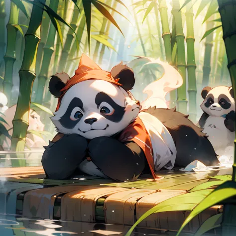 A cute baby panda，Lie on your stomach in the hot springs，A rag on his head，Still steaming，Behind the hot springs is a bamboo for...