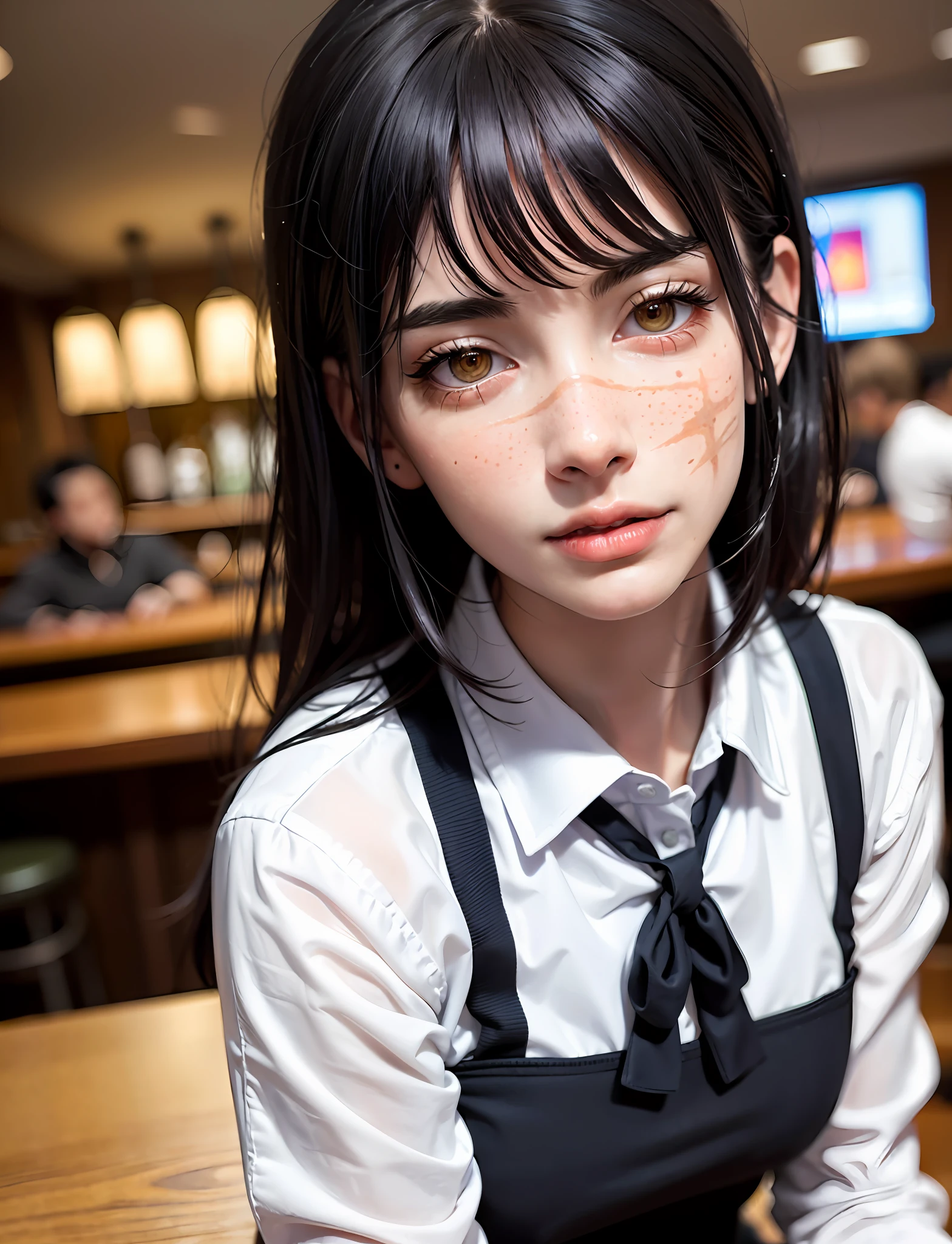 1girl, shirt, looking at viewer, collared shirt, solo, white shirt, black hair, long hair, long sleeves, lips, indoors, blue eyes, realistic, bangs, closed mouth, buttons, hair over shoulder, upper body, pinafore dress, freckles, dress, sunlight, sitting, nose, embarassed blushing zlzzlz, standing pose,best quality, masterpiece, illustration, an extremely delicate and beautiful, extremely detailed ,CG ,unity ,8k wallpaper, Amazing, finely detail, masterpiece,best quality,official art, extremely detailed CG unity 8k wallpaper, absurdres, incredibly absurdres, huge filesize, ultra-detailed, highres, extremely detailed, beautiful detailed girl,((detailed face,perfect face)), (extremely detailed eyes),((looking at viewer)),(real person,photograph),cute,1girl,19 yo,(bob cut hair), makeup,(light blue shinny contact lens), (light pink eye shadow),(haunting smile),(moist lips),small breasts,narrow waist,(slim),(white_skin),blush, shy,outdoor, bright light, overexposed, simple clean blurred background, waist up, bust up, upper body:1.3, half body:1.4, in a pub, coffee table, wine, wine bottles, snacks, carpet, floor mat, indoor plants, music player, gramophone, jukebox, plants, chairs, bar stools, paintings, barista outfit, uniform, barista uniform, tie, suit, upper body:1.7, fullbody_photoshoot:0.7, solo girl turns her head to the side, staring at camera,masterpiece, best quality, ultra highres, 8k, RAW photo, (soft focus:1.4),photo realistic,realcumAI ,film grain, (lens distortion:0.7), (chromatic aberration:0.7), intricate,cinematic lighting,cinematic,depth of field, perfect, hyper-detailed, ultra realistic, intricate details, tonemapping,hyper detailed, a character portrait by senior character artist, trending on Artstation,(moody lighting:1.5), (detailed face:1.2), (kawaii:1.2), beautiful face, (((skin imperfections))), purple smart Shorts, red fashionable Handbag, pureerosface_v1:0.01,