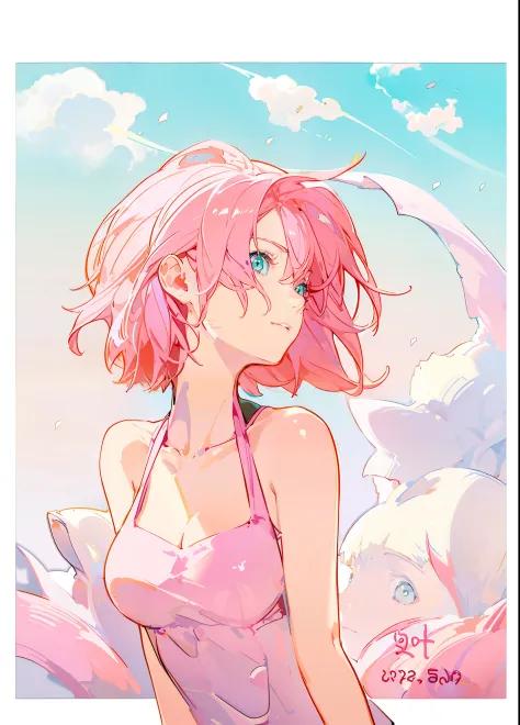 anime girl with pink hair and green eyes in white bra top, cute girl with short pink hair, anime style portrait, made with anime...