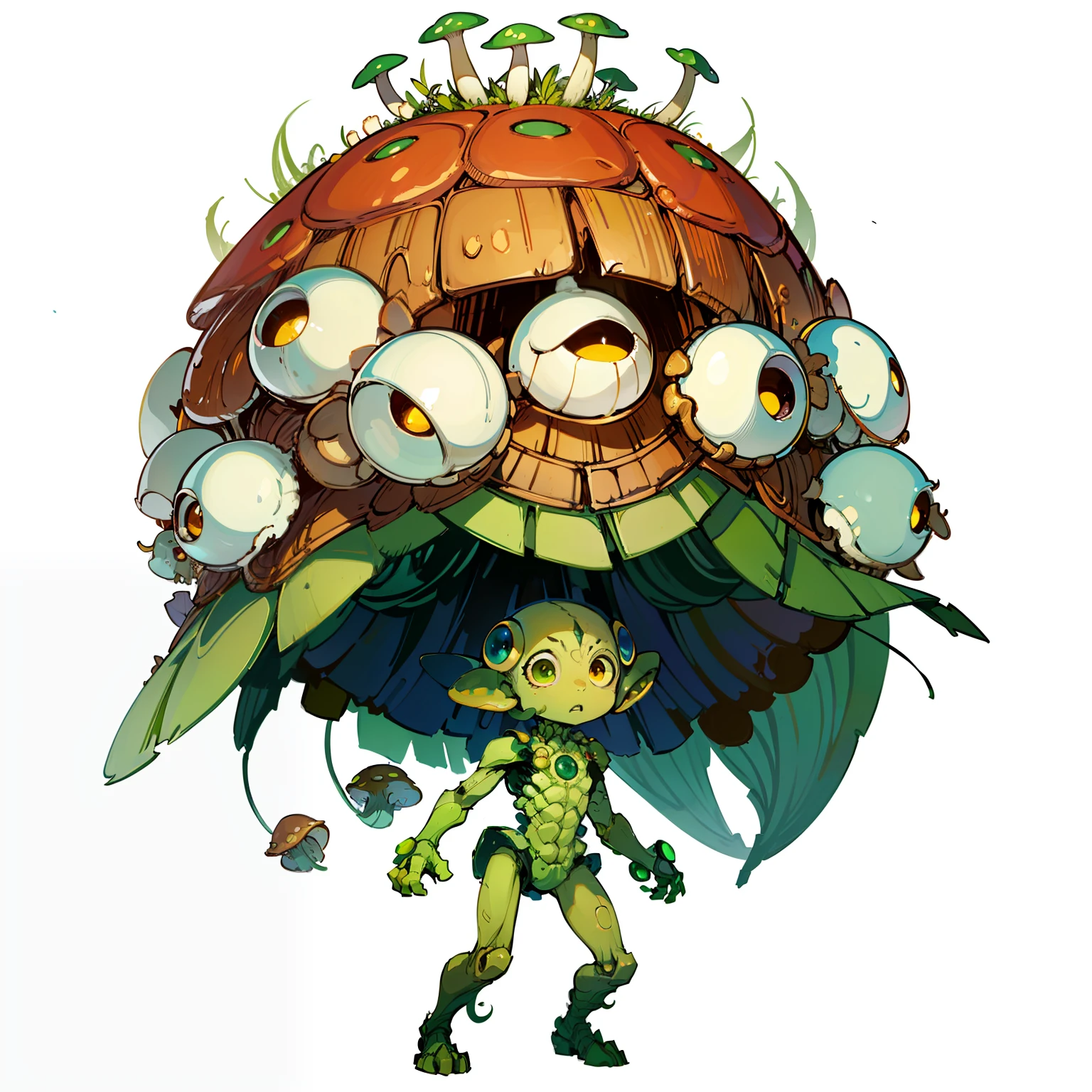 Full body shot, No background, White background, Mushroom Monster, alien, short limbs combined face and body,, Chibi, Round eyes, Yellow and green skin, NOhumans, Male,
