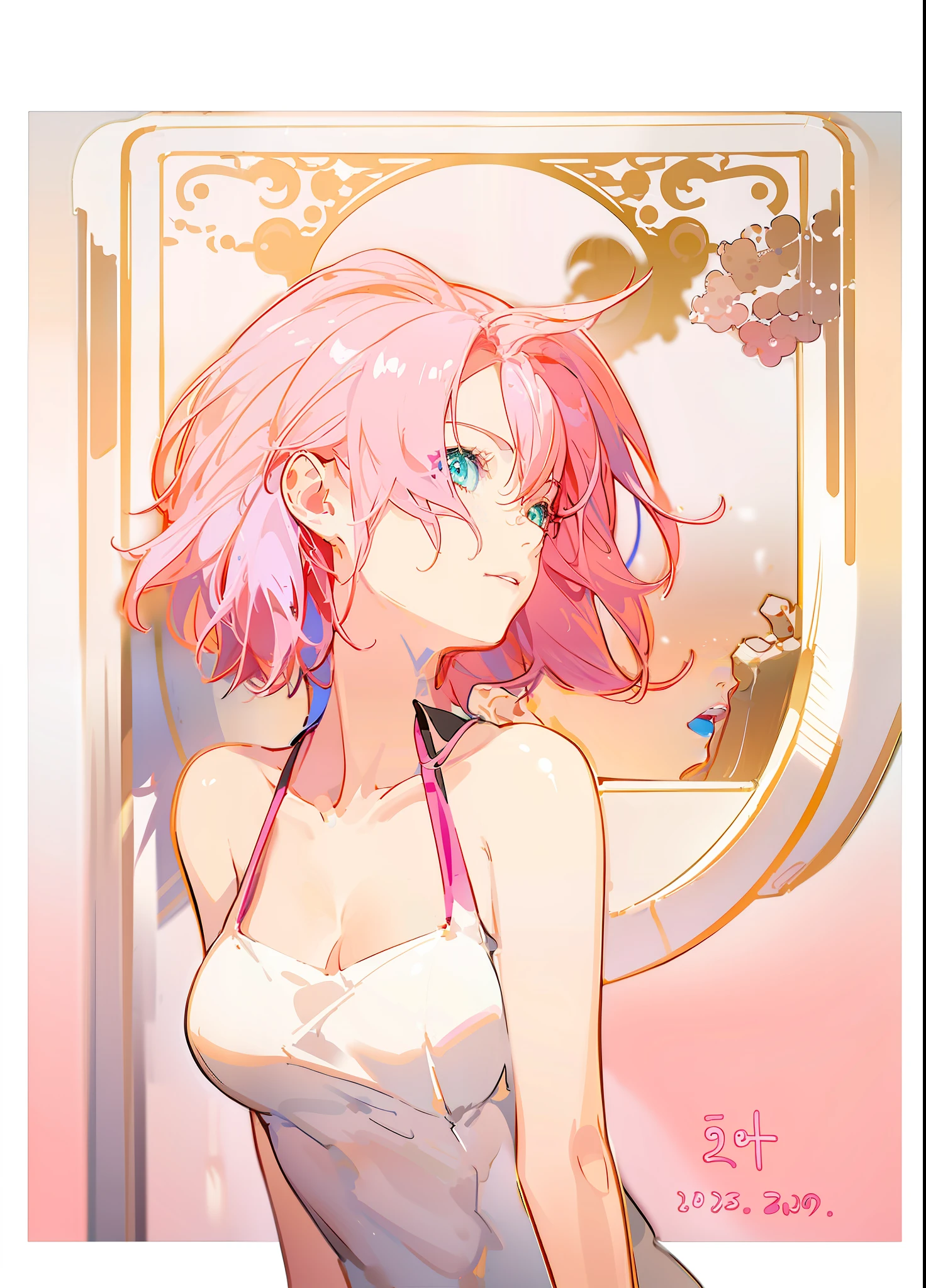 Anime girl with pink hair and green eyes in white bra top, cute girl with short pink hair, Anime style portrait, made with anime painter studio, drawn in anime painter studio, Digital anime illustration, flat anime style shading, Anime style illustration, Pink girl, semirealistic anime style, anime style character, some pink, yayoi kasuma, color study