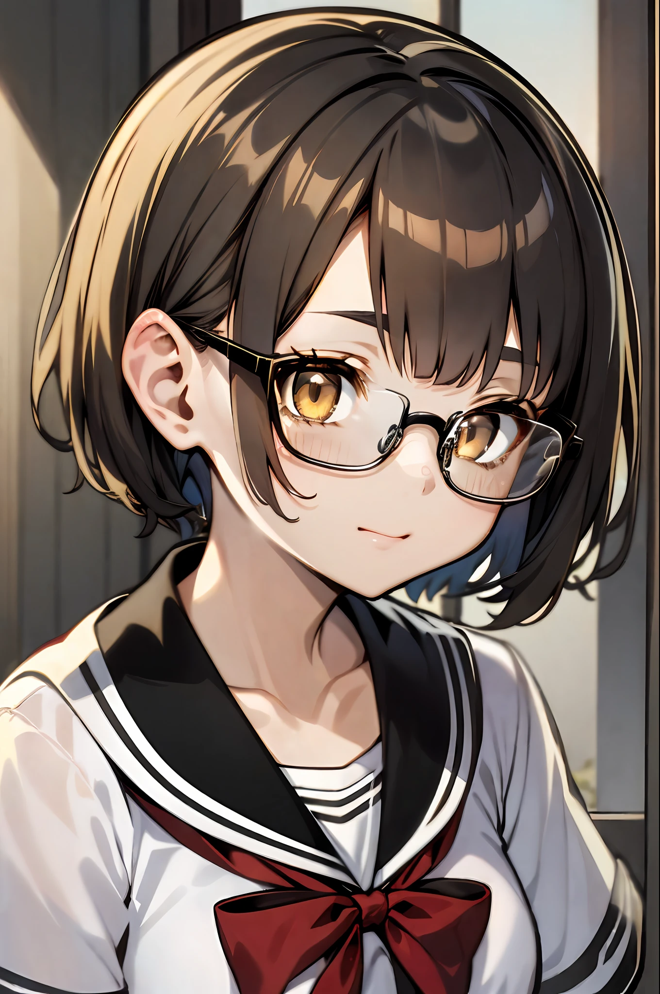 (1 16-year-old girl、A dark-haired、short-hair、straight haired、bow ribbon、Light brown eyes、Black glasses、small tits、cute  face)、Japan school uniform、​masterpiece、top-quality