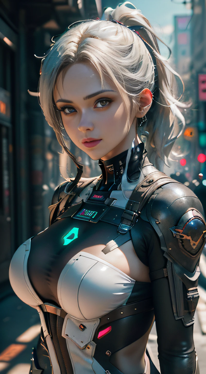 (Best Quality), ((Masterpiece), (Detail: 1.4), 3D, A Beautiful Cyberpunk Woman, HDR (High Dynamic Range), Ray Tracing, NVIDIA RTX, Super-Resolution, Unreal 5, Subsurface Scattering, PBR Textures, Post-Processing, Anisotropic Filtering, Depth of Field, Maximum Sharpness and Clarity, Multi-layer Textures, Albedo and Highlight Maps, Surface Shading, Accurate simulation of light-material interactions, perfect proportions, Octane Render, two-color light, large aperture, low ISO, white balance, rule of thirds, 8K RAW
