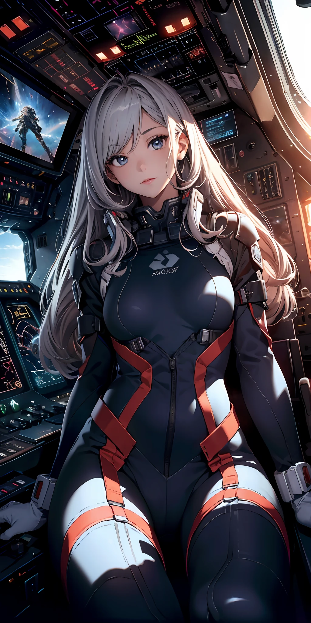 Cosmic battlefield, A high resolution, (巨作:1.4), A highly detailed, 1girll, From the observation deck,Perspective inside the warplane, Sitting in the cockpit of a fighter, In cockpit driving, Gladiator suit, Sharp focus, (Cinematic lighting), (1girll), Slight smile，