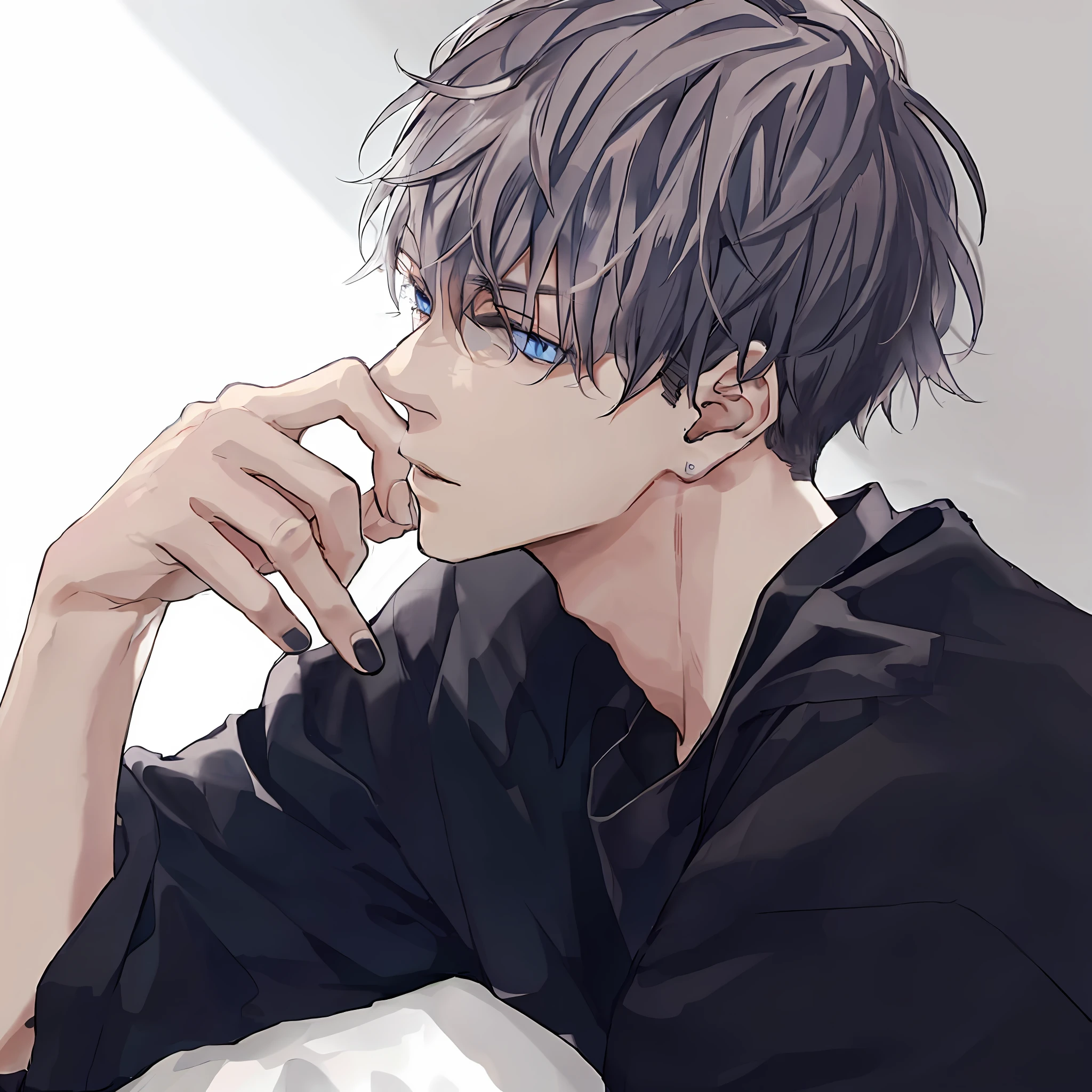 Anime handsome boy sitting on white sofa in black shirt,Dynamic pose，Handsome anime style，eBlue eyes，High quality anime portraits