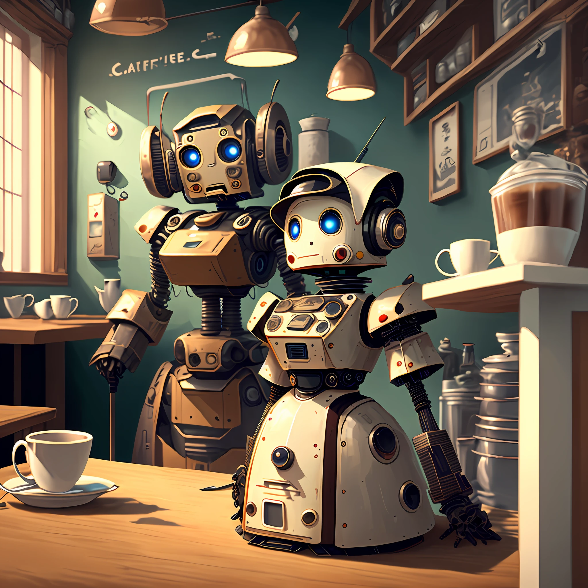 Afternoon maid robot in a café --auto - SeaArt AI