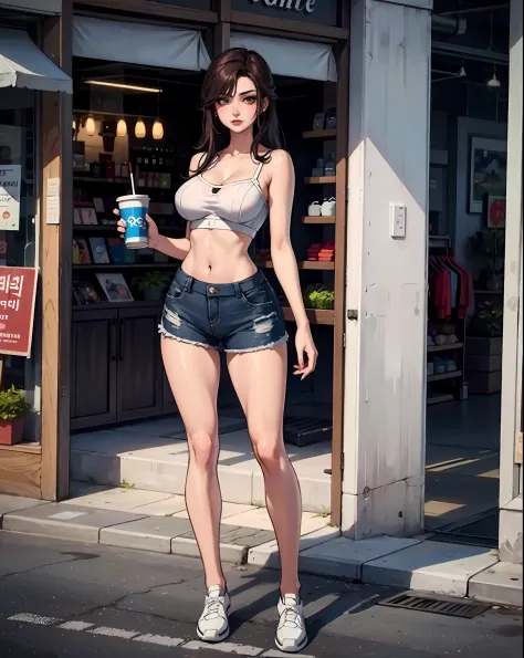 there is a woman standing outside of a store holding a cup, full body cute young lady, wearing a camisole and shorts, smooth white tight clothes suit, large view, muted colored bodysuit, gorgeous lady, skinny waist and thick hips, bra and shorts streetwear...