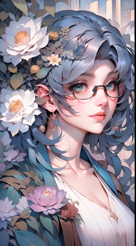 drawing of a woman with blue green color parted shoulder length hair no front bang and having glasses with flowers in her hair,k...