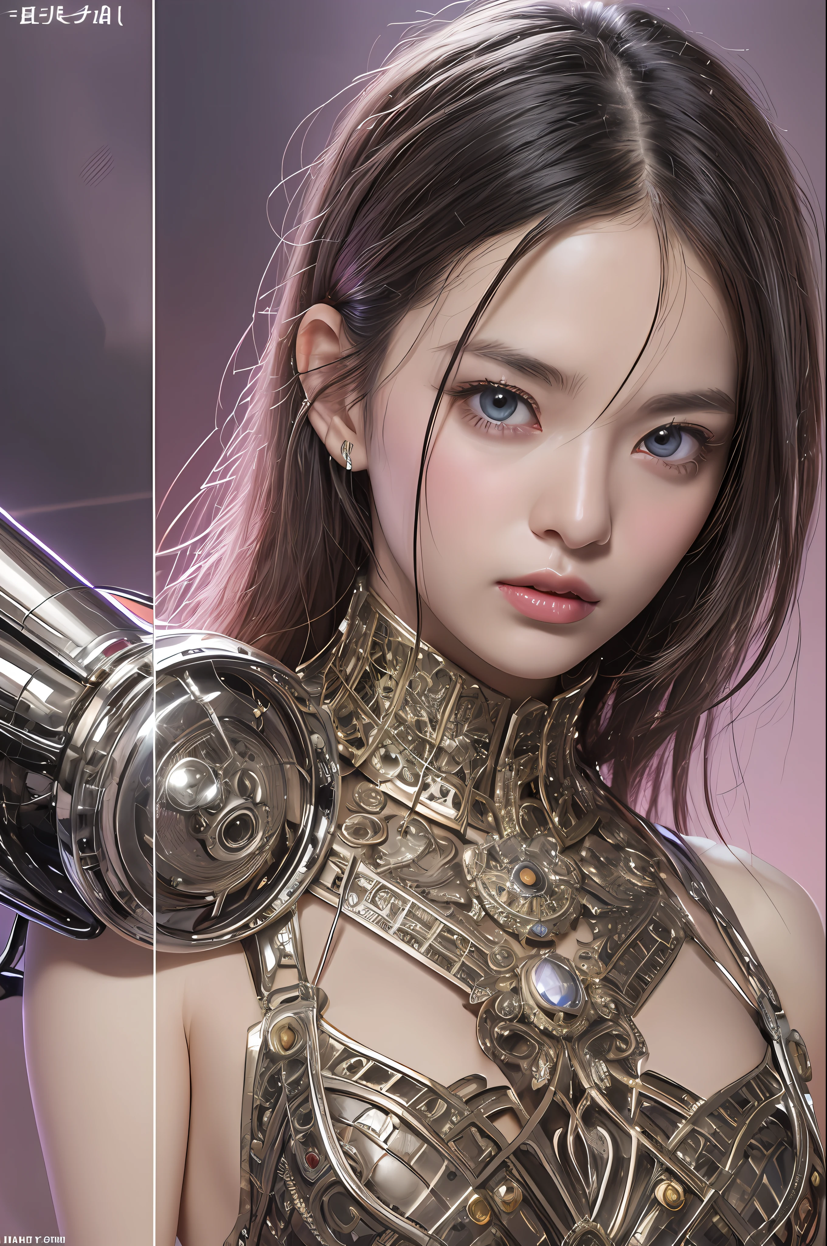 top-quality、​masterpiece、超A high resolution、(Photorealsitic:1.4)、Raw photo、女の子1人、Black hair、glowy skin、1 Mechanical Angel、large metal wings、Shining Angel Circle、((super realistic details))、portlate、globalillumination、Shadow、octan render、8K、ultrasharp、Colossal 、Raw skin is exposed in cleavage、metals、Details of complex ornaments、Steampunk details、Hydraulic cylinder、highly intricate detail、Realistic light、a purple eye、radiant eyes、Facing the camera、neon details、Mechanical limbs、blood vessels connected to tubes、Mechanical vertebrae attached to the back、mechanical cervical attaching to neck、sitting on、Wires and cables connecting to the head、Small LED lamp、Sumerian details、