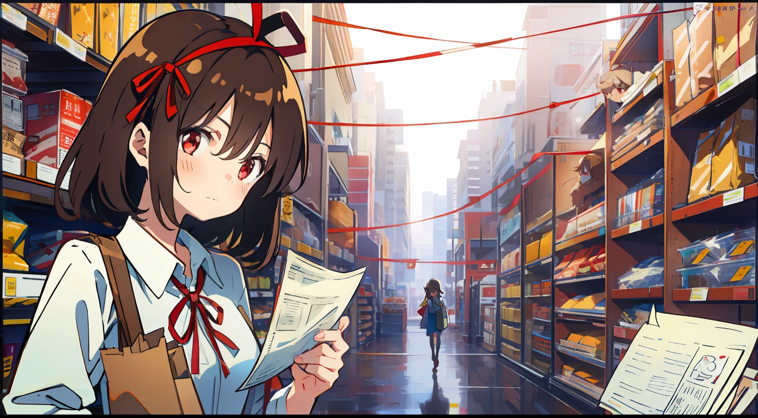 One girl、cute little、Brown hair、Red ribbon on head、red eyes、One knot、Straight face、shopping、A delightful、Plain clothe、Have a paper bag