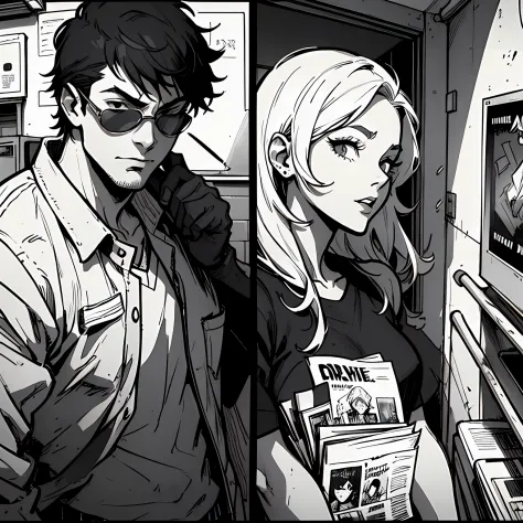 (Noir Comics-style illustration:1.2),(Black and white_High contrast),Young man and woman couple robbing bank