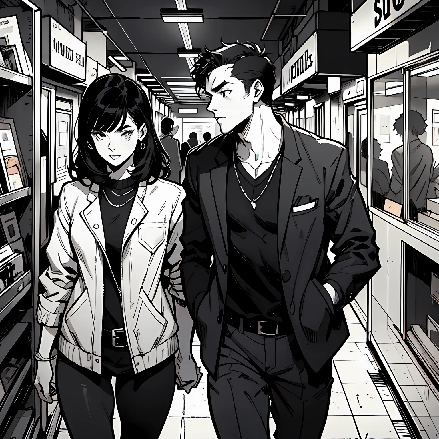 (Noir Comics-style illustration:1.2),(Black and white_High contrast),Young man and woman couple robbing bank