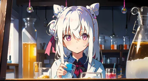 One girl、white  hair、Bun hair、​masterpiece、Top image quality、top-quality、Hanging、Pink eyes、cute little、drug、flask、experiment、lab...