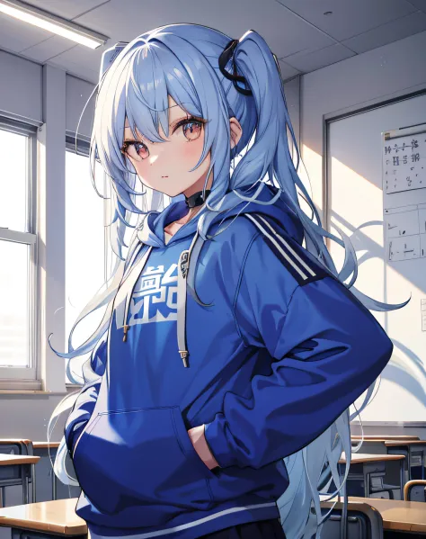 tmasterpiece，1girll，独奏，long whitr hair，blue hairs，hoody，cropped shoulders：1.2，schools，‎Classroom，hand on hips，hand on pockets，