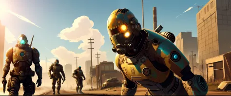 top-notch art style,cyborgs,year 2027,fallout-5,(street:1.1),(sunny day:1.1)