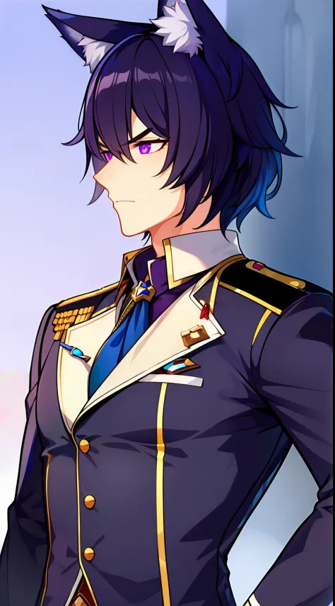 tall guy, short purple hair, violet eyes, wolf ears, general's uniform, anger, masterpiece, hiquality