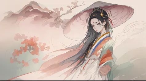 An ancient Chinese beauty standing with a hat, wearing ancient Chinese clothes, flowing tulle, light silk, pavilion, ink painting style, clean color, decisive cut, blank space, freehand, masterpiece, super detailed, epic composition, high quality, highest ...