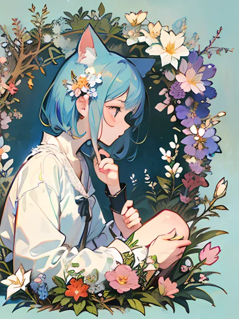 （​masterpiece、top-quality）、flowers background、loli alone、sentimental、white  clothes、frilld、lightblue hair、bare-legged、cat's ears...