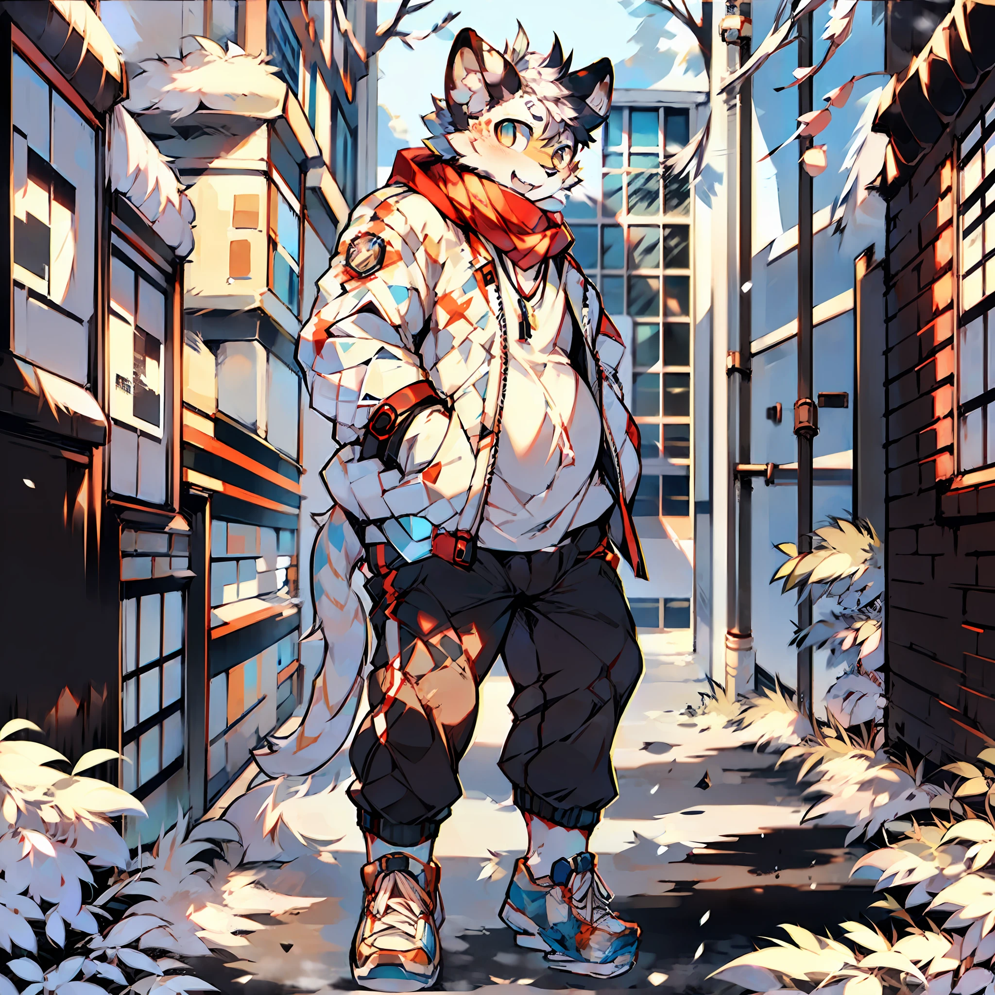 Anime character walking down a narrow alley with a cat on his back - SeaArt  AI