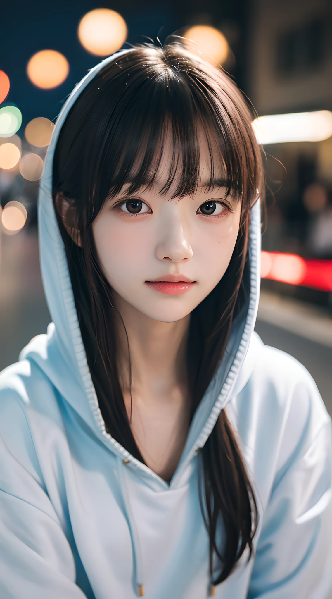 (masterpiece, best quality:1.4), girl, solo, (beautiful face, night:1.2), violaceaess, 8k, 15yo, absurdres, upper body, hoodie, looking at viewer, no makeup, film grain, chromatic aberration, sharp focus, facelight, sophisticated, (smile:0.5), (neon, street:1.1), simple background, bokeh background, [:detail face:10]