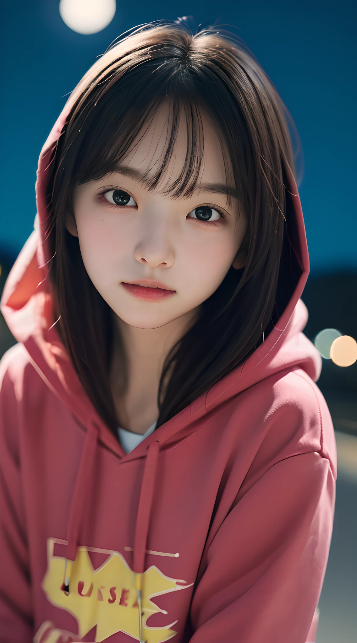 (masterpiece, best quality:1.4), girl, solo, (beautiful face, night:1.2), violaceaess, 8k, 15yo, absurdres, upper body, hoodie, looking at viewer, no makeup, film grain, chromatic aberration, sharp focus, facelight, sophisticated, (smile:0.5), (neon, street:1.1), simple background, bokeh background, [:detail face:10]