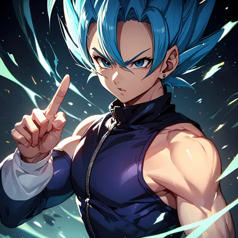 masterpiece, best quality, Vegeta super Saiyan blue, blue hair  Blue Lightning Point one's finger at oneself