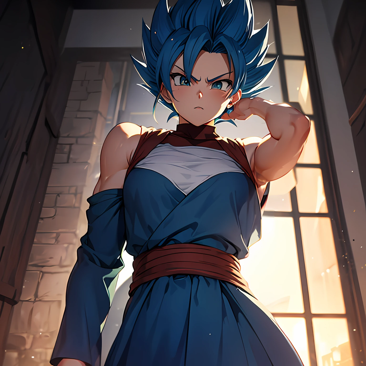 masterpiece, best quality, Vegeta super Saiyan blue, blue hair  Blue Lightning Point one's finger at oneself