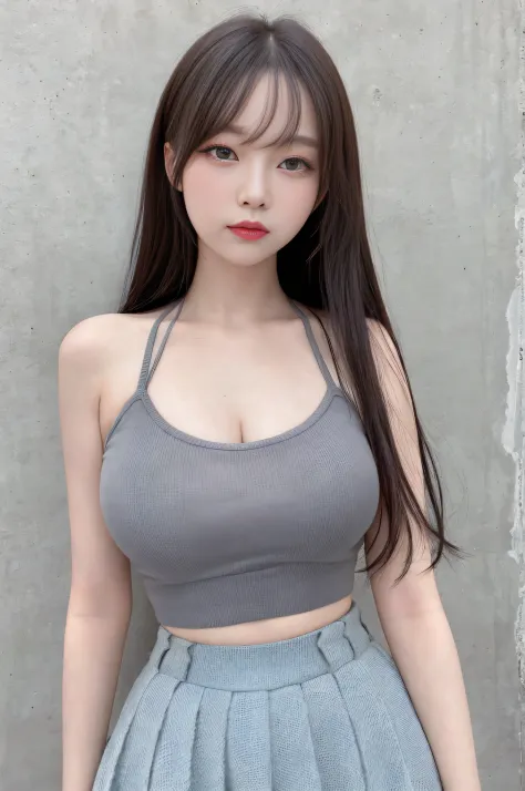 20-year-old cool Korean, big round breasts, cleavage, cropped tank top,  skirt - SeaArt AI