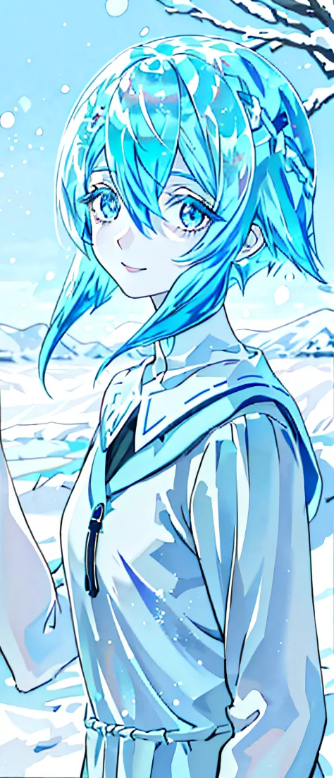 a girl with light blue hair, light blue eyelashes, deep blue eyes and pale skin standing in a snowy environment, smiling, calm
