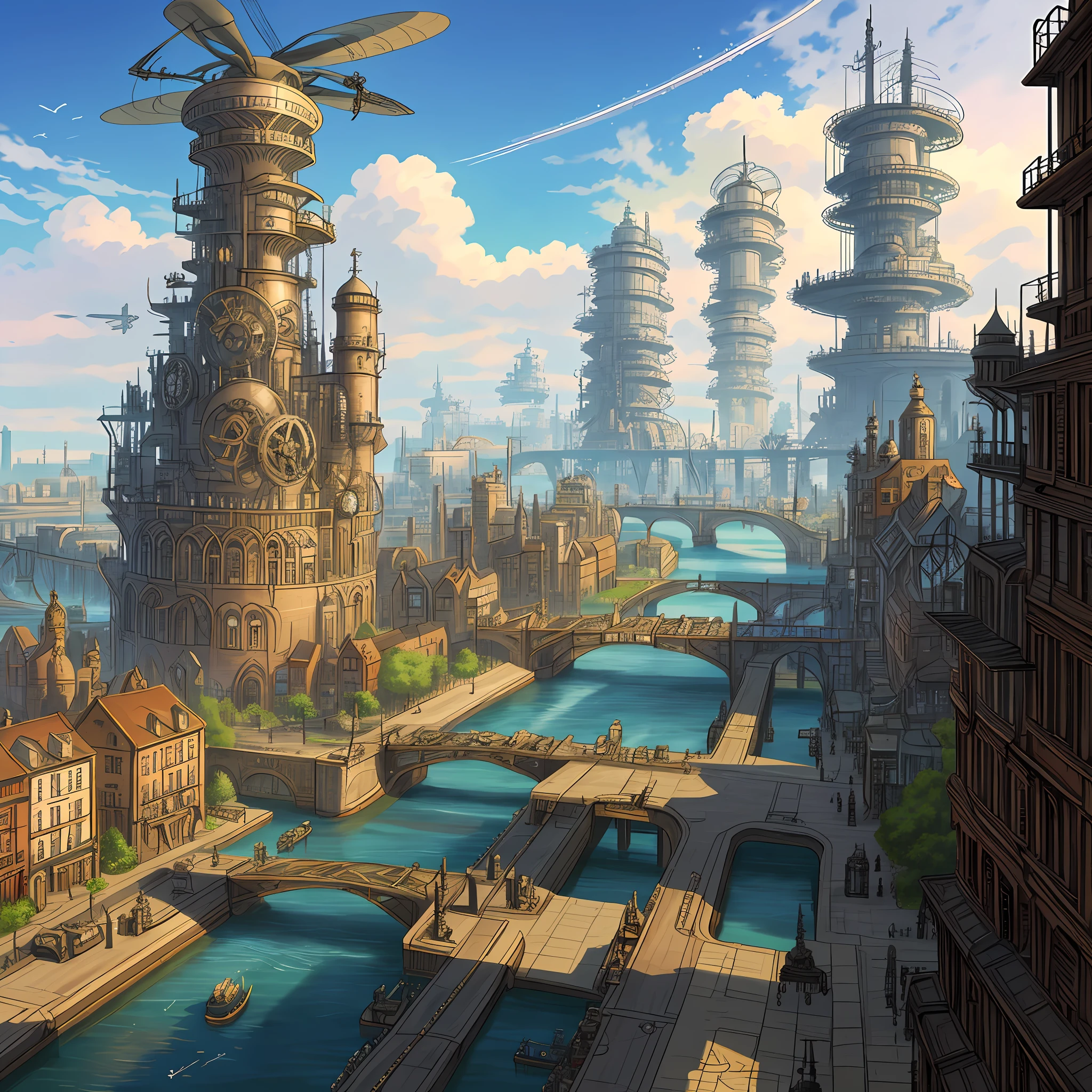 Una ciudad steampunk impulsada por engranajes y hélices, con aeronaves cruzando los cielos, canales de agua que atraviesan las calles y una fábrica gigantesca en el centro.