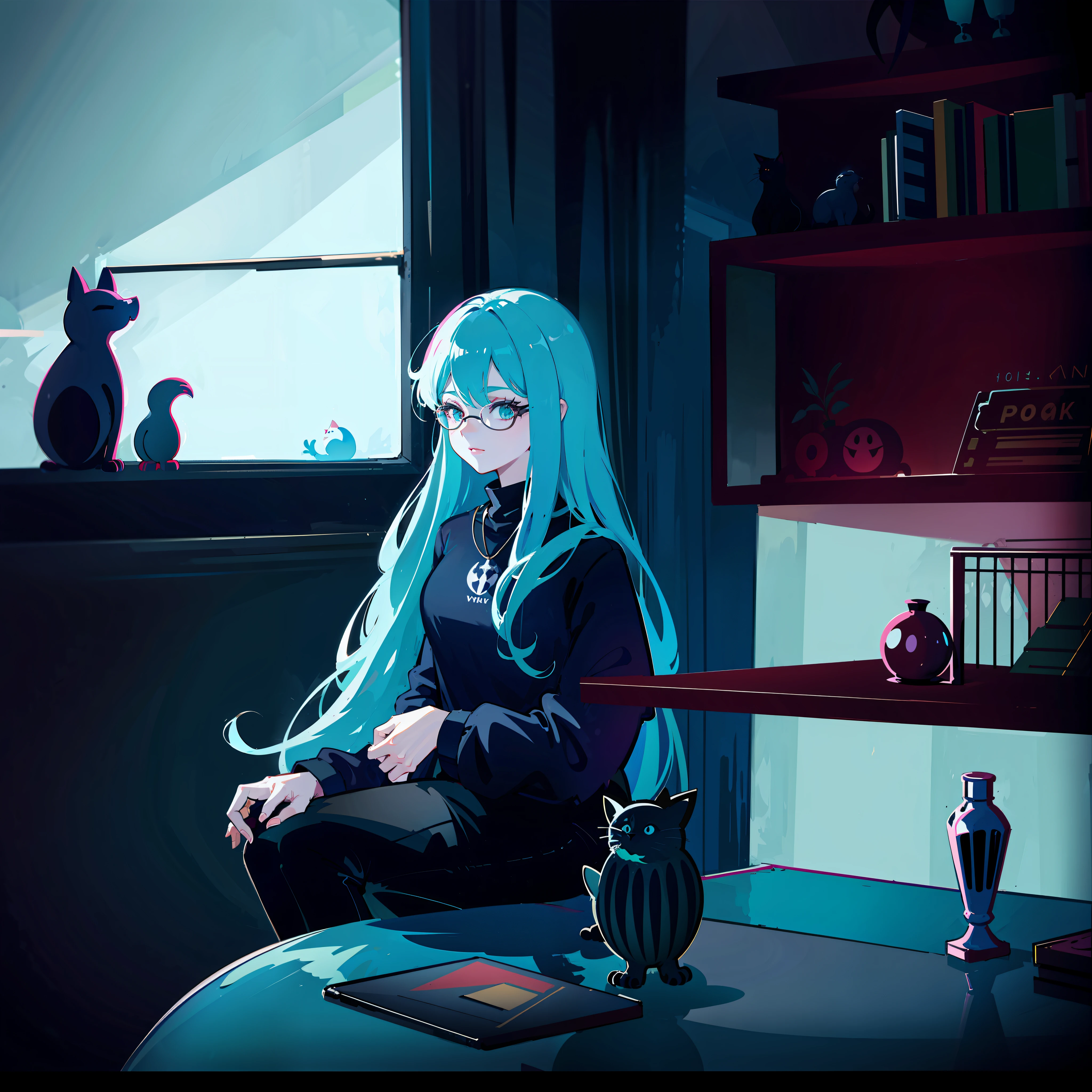 witch sitting in a chair in a dark room with a cat, witchy, witch girl, witch academia, calm night. digital illustration, cat witch, jen bartel, lo-fi illustration style, witch, digital 2d illustration, 2d digital illustration, 2d illustration, 2 d illustration, digital fantasy illustration, dreamy illustration, procreate illustration