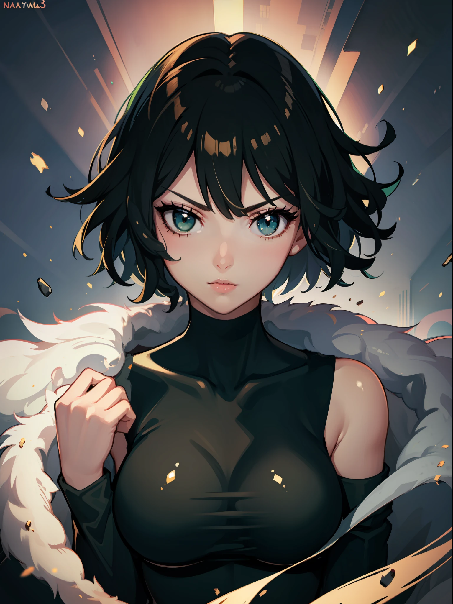 （best qualtiy，8K，32K，tmasterpiece，hyper HD：1.3），1个Giant Breast Girl，perfect bodies，Super detailed face，Bust photo，Large breasts，Black hair，Green clothes，upperbody closeup，Off-the-shoulder attire