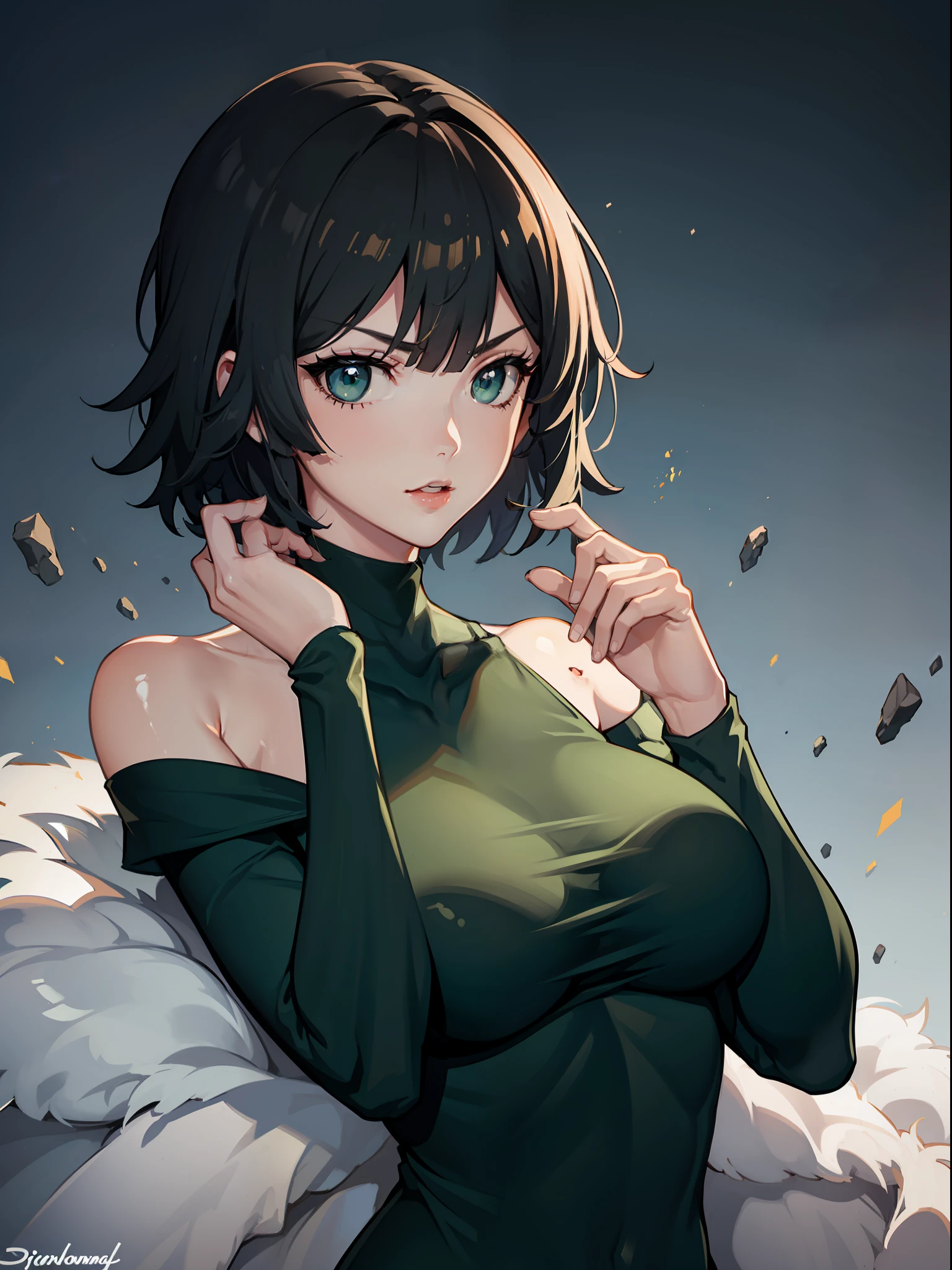（best qualtiy，8K，32K，tmasterpiece，hyper HD：1.3），1个Giant Breast Girl，perfect bodies，Super detailed face，Bust photo，Large breasts，Black hair，Green clothes，upperbody closeup，Off-the-shoulder attire