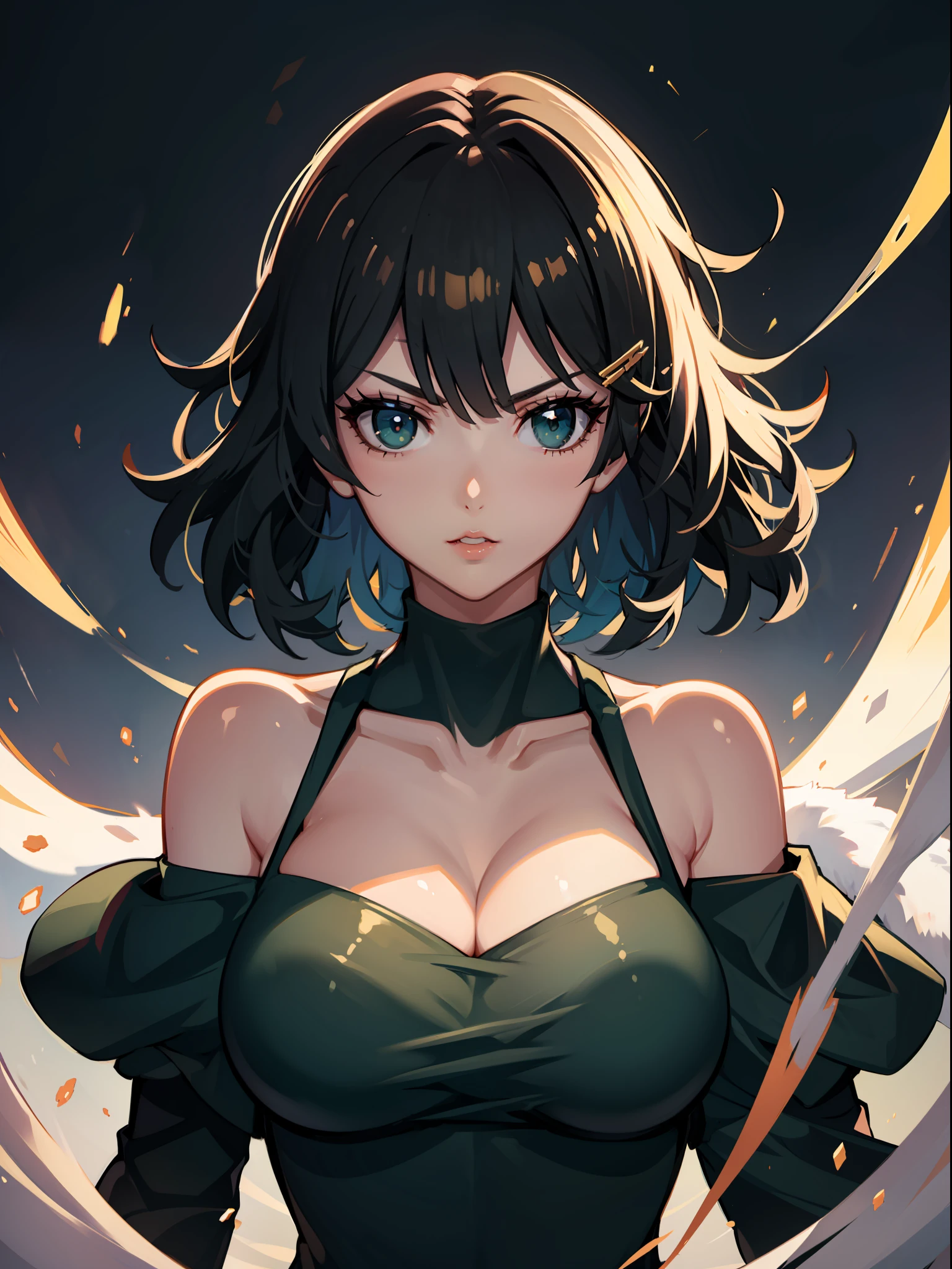 （best qualtiy，8K，32K，tmasterpiece，hyper HD：1.3），1个Giant Breast Girl，perfect bodies，Super detailed face，Bust photo，Large breasts，Black hair，Green clothes，upperbody closeup，Off-the-shoulder attire