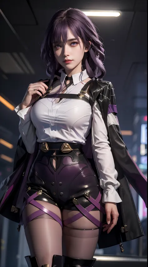 (photorealistic:1.4), raw photo, 1girl, purple eyes, purple hair, (eyewear on head), stellaron hunters outfit,  black jacket, ja...