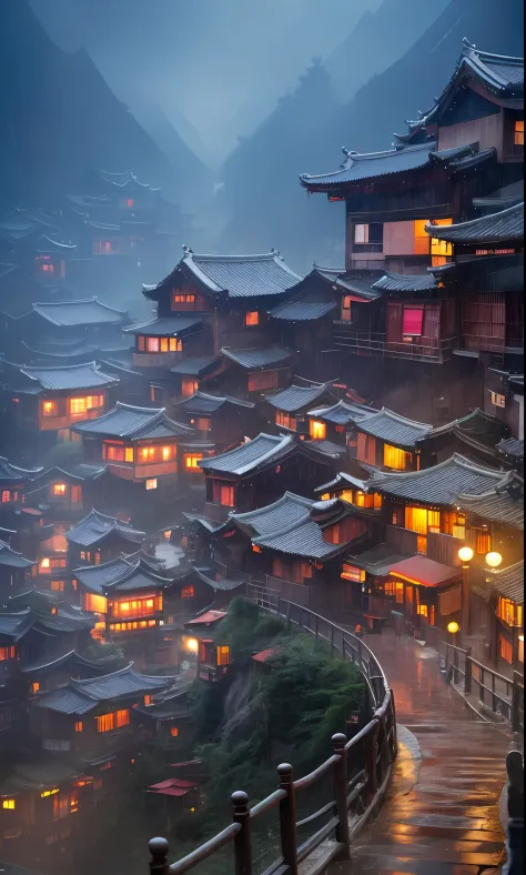 arafed view of a village with a lot of lights on the buildings, dreamy chinese town, chinese village, amazing wallpaper, japanese town, japanese village, hyper realistic photo of a town, old asian village, japanese city, by Raymond Han, rainy evening, cybe...