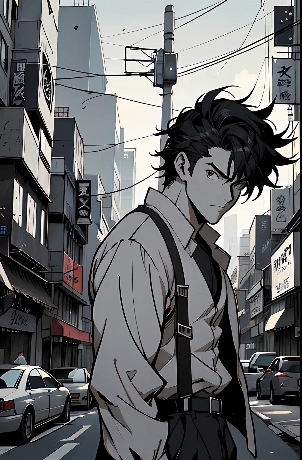 (Noir Comics-style illustration:1.2),(Black and white_High contrast),Anime man on the street of the city with the cityscape in the background, Anime portrait of a handsome man, handsome guy in demon slayer art, anime handsome guy, digital anime illustration, Handsome Anime Pose, artwork in the style of guweiz, Kentaro Miura Manga Art Style, young anime man, Male anime style, Detailed Digital Anime Art, realistic anime art style