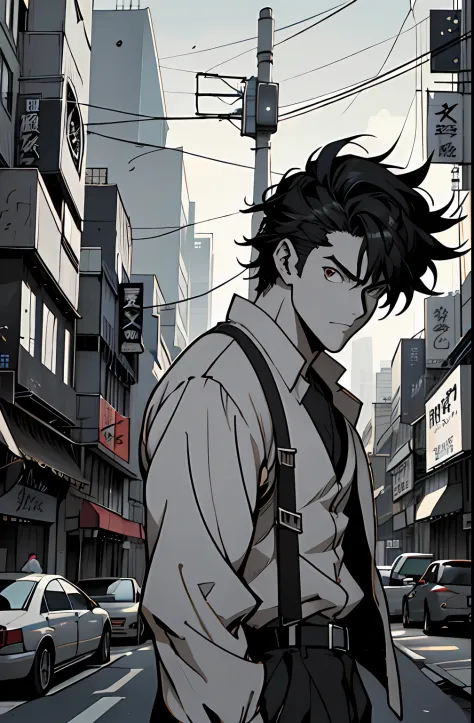 (Noir Comics-style illustration:1.2),(Black and white_High contrast),Anime man on the street of the city with the cityscape in t...