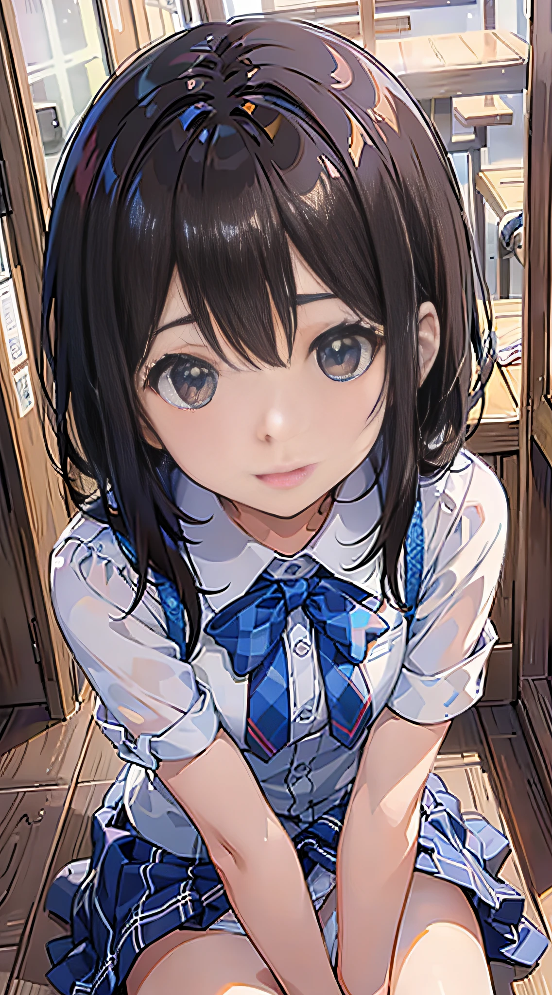 (8k、Raw photography、top-quality、​masterpiece:1.2)、Illustration Touch、Ultra-detail、超A high resolution、1 girl、dark brown  hair、azure eyes、Blue little hair stopper、lawn、High school students、Uniforms、Plaid itting with knees arised、low angles、White panty、Stranger