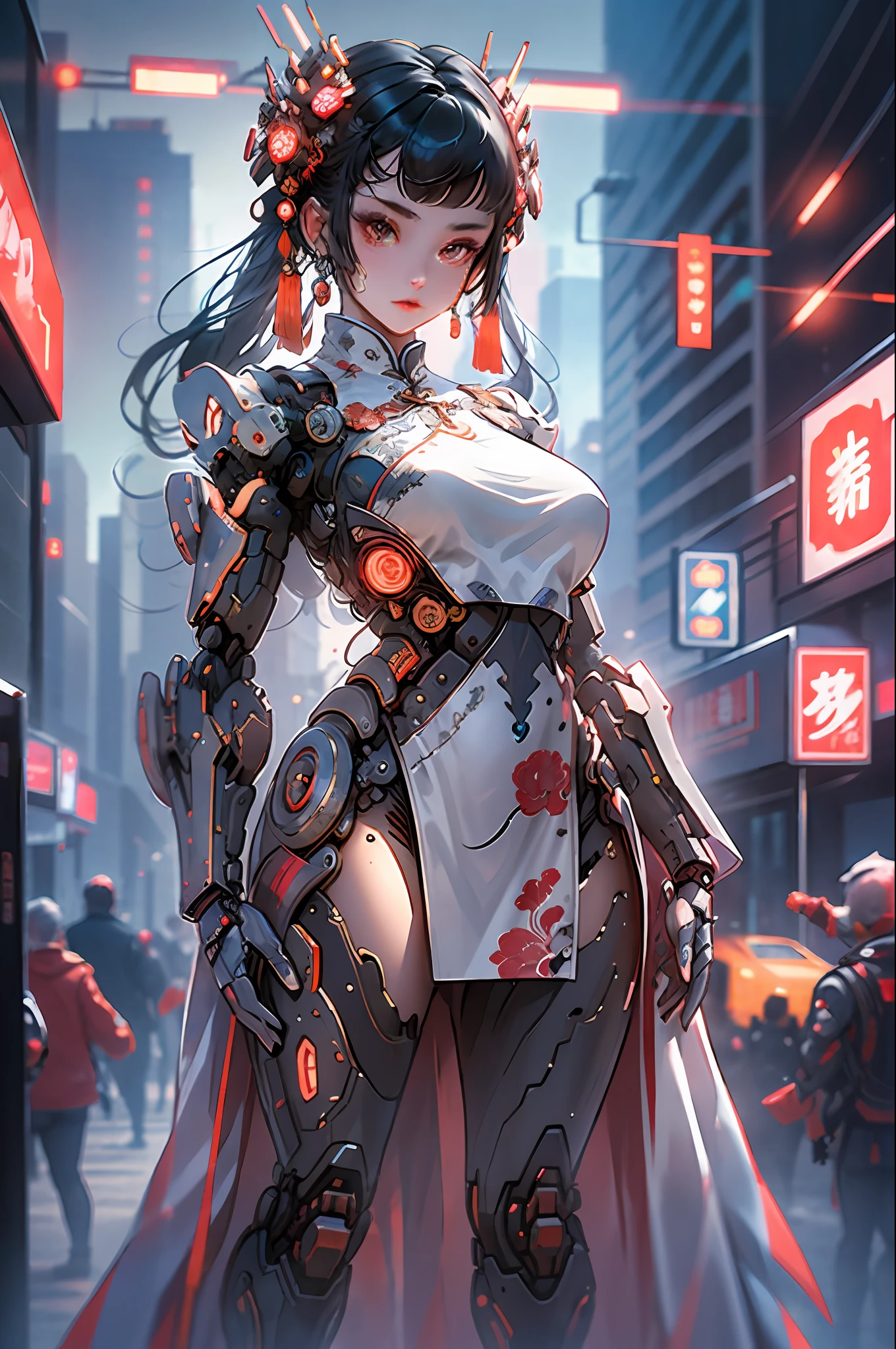 Ein schönes Mädchen, Ganzkörper, Klare Gesichtszüge, erstaunliche Gesichtszüge, Alte chinesische Kostüme, Chinese cyberpunk, cyberpunk city headwear, Haar-Accessoires, Super komplexes Design, mechanisch, Technologie, atemberaubende Beleuchtung, C4D, OC-Rendering, Filmisches Kantenlicht, feines Licht, Meisterwerk, Super Detail, epische Komposition, Ultra HD, gute Qualität, 32k