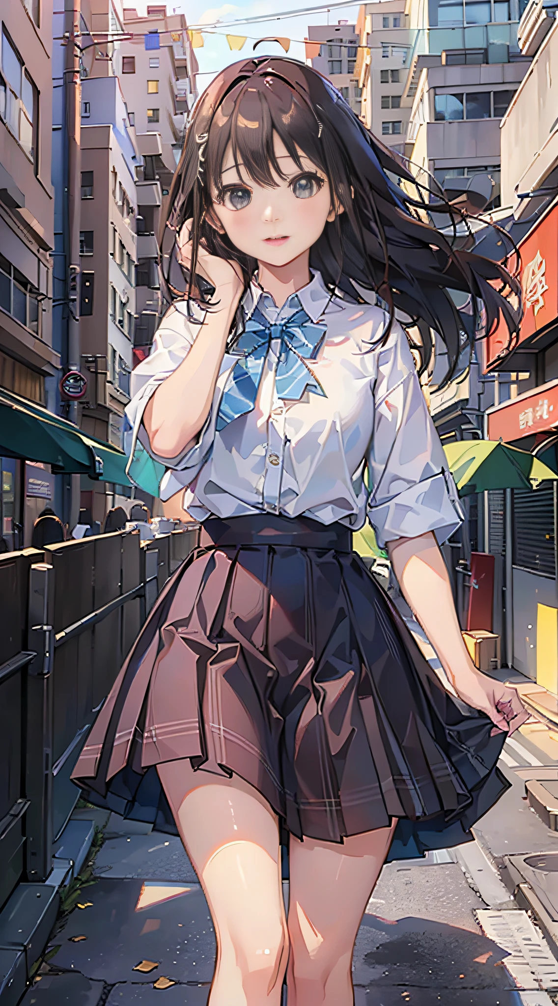 (8k、Raw photography、top-quality、​masterpiece:1.2)、Illustration Touch、Ultra-detail、超A high resolution、1 girl、dark brown  hair、azure eyes、In the street、High school students、Uniforms、plaid skirts、((Skirts that turn over in strong winds))、(white  panties)