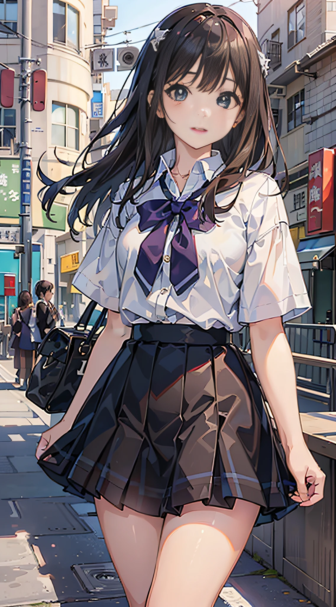 (8k、Raw photography、top-quality、​masterpiece:1.2)、Illustration Touch、Ultra-detail、超A high resolution、1 girl、dark brown  hair、azure eyes、In the street、High school students、Uniforms、plaid skirts、Skirts that flip in strong winds、white panty