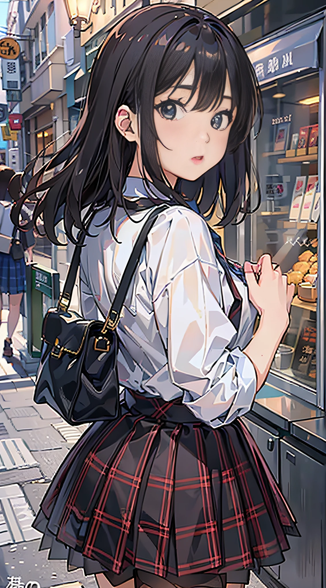 (8k、Raw photography、top-quality、​masterpiece:1.2)、Illustration Touch、Ultra-detail、超A high resolution、1 girl、dark brown  hair、azure eyes、In the street、High school students、Uniforms、plaid skirts、Skirt flipping up in strong winds