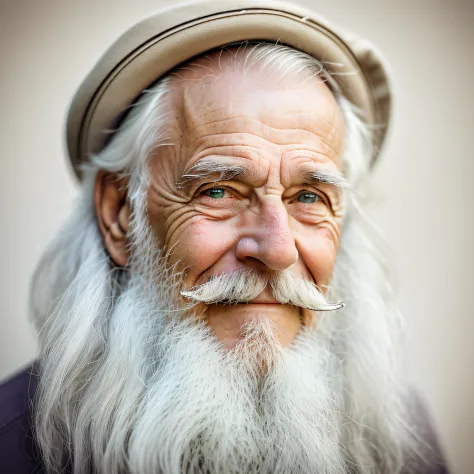 an elder with a beard and white hair, sorrindo, olhar produndo, retrato, perto do rosto