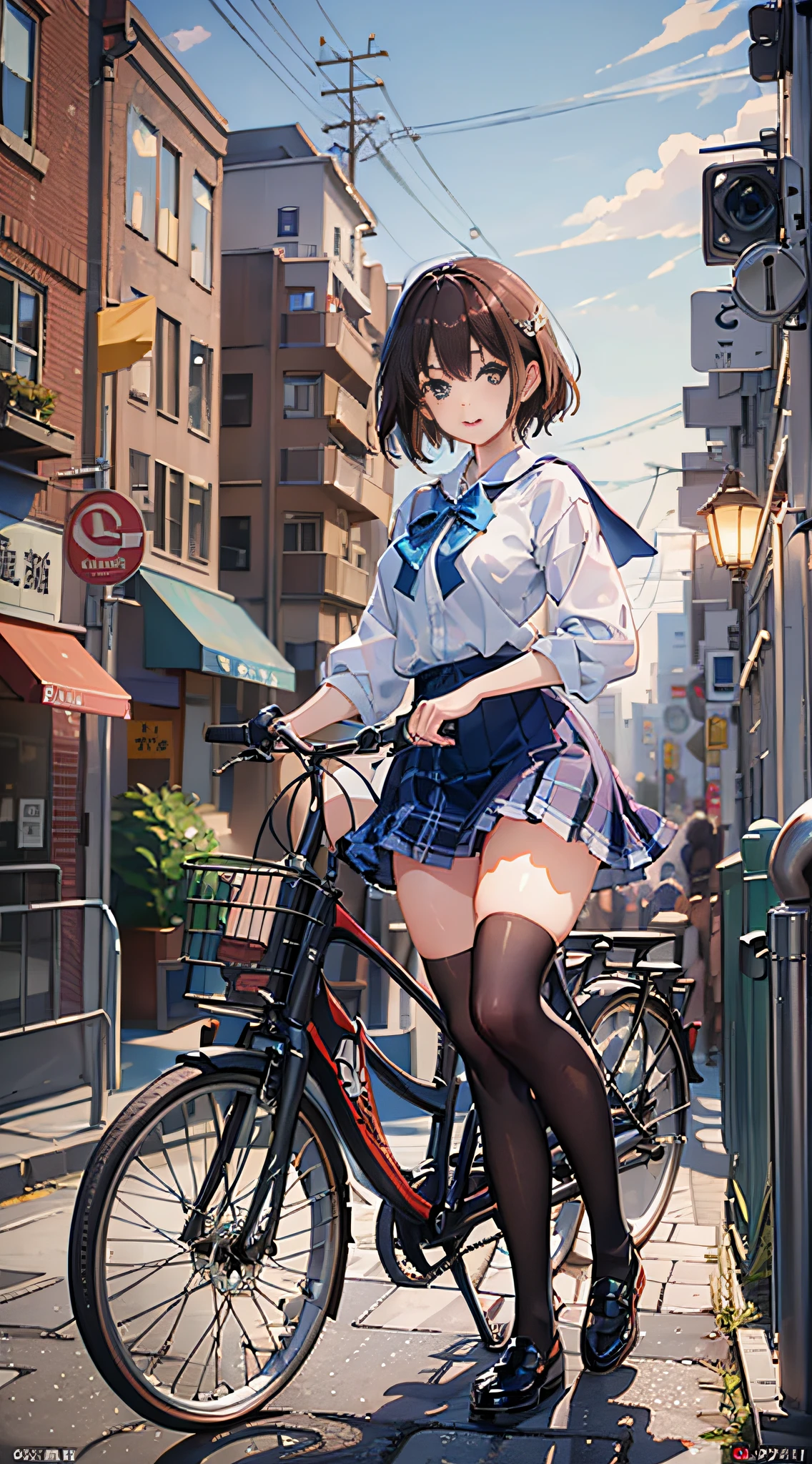 (8k、Raw photography、top-quality、​masterpiece:1.2)、Illustration Touch、Ultra-detail、超A high resolution、1 girl、dark brown  hair、azure eyes、In the street、High school students、Uniforms、plaid skirts、rides a bike